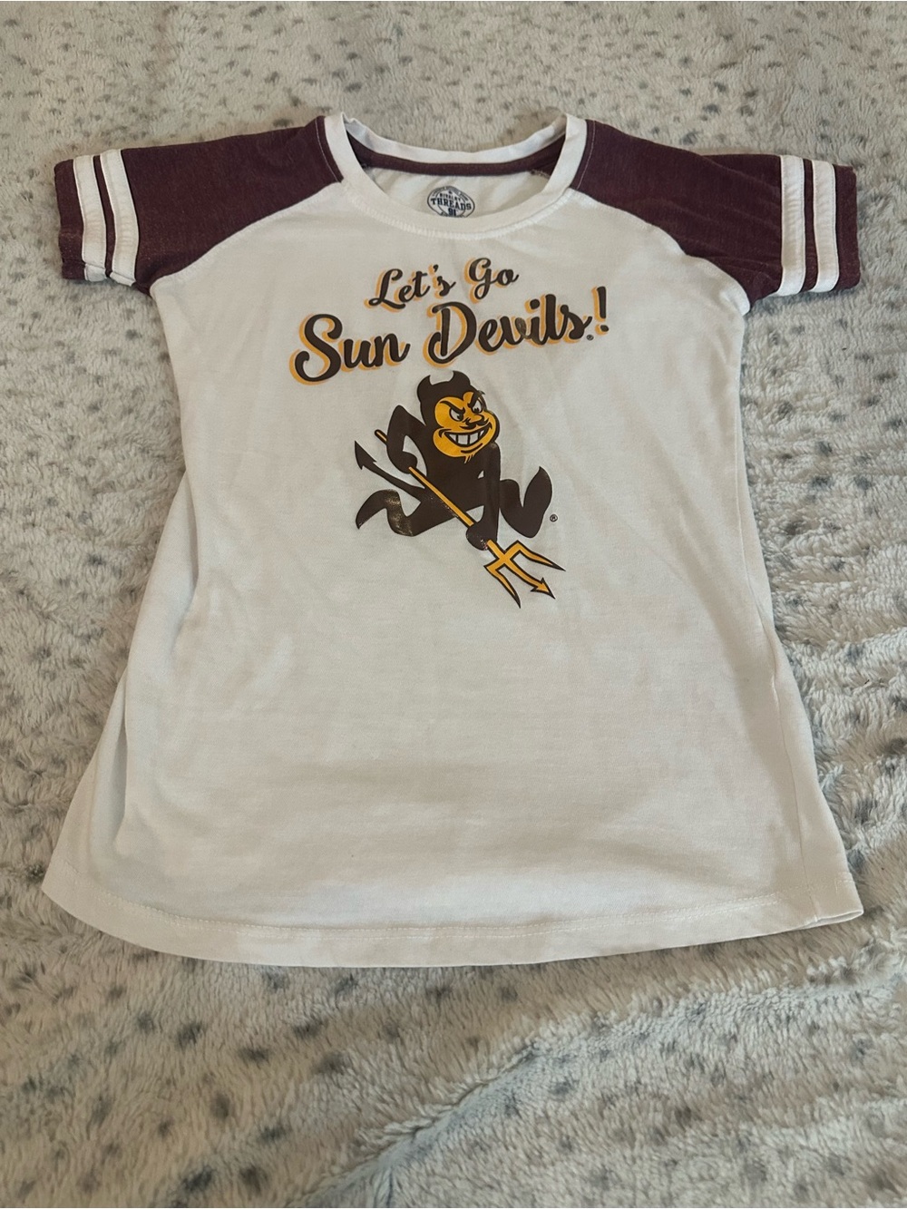 Rivalry Threads White Tee with Maroon Sleeves & Gold Graphic